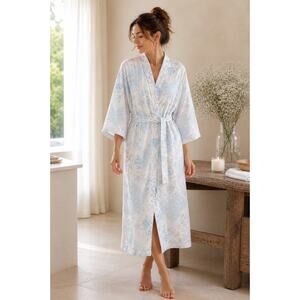 Saybury Seersucker Cotton Robe Floral Pastel Blue Pink White Size Medium Belted